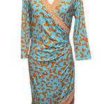 J. McLaughlin Blythe Faux Wrap Dress Leopard Greek Key Turquoise Orange Size S Photo 2