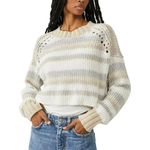 Free People  Devon Cropped Mock Neck Sweater Cream Neutral Stripe Medium Cotton Photo 3