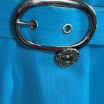 Leslie Fay shirt dress teal green blue scalloped collar belt short sleeve shoulder pads Photo 4