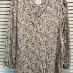 st. john's bay St Johns Bay Brown/Cream Floral Rayon Blouse V Neck 3/4 Sleeve Size M Flowy Photo 0