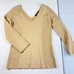 Takeout Bisque V Neck Ribbed Knit Sweater Fitted Long Sleeve Neutral Top Small Tan Photo 0