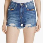 French Connection  Size‎ 6 High Waist Embroidered Jean Shorts Frayed Denim Boho Photo 0