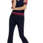 CAbi  Keen Kick Flare Cropped Ponte Pants‎ Navy Blue Snap Detail Size 12 #6043 Photo 0