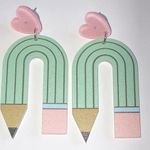 Green Pink Pencil Boho Dangling Fun Funky Retro Earrings Photo 0