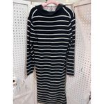 Striped Knit Collared V Neck Midi Sweater Dress Black White Long Sleeve Size L Photo 8