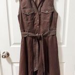 Vintage Carole little pleated brown collared contrast stitch dress linen utility Size 8 Photo 1