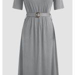 Cider Solid Belted Knitted Midi Dress in Grey Photo 0