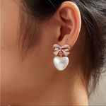 Pink & Gold Pearl Bow Heart Drop Earrings | Romantic Dangle Studs NWT Photo 5