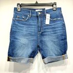 Loft  The Skinny Bermuda Shorts High Rise Dark Wash Lightly Distressed Rolled Hem Photo 0
