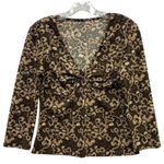 Retro Y2k Edgy Floral Print Long Sleeve Top Gathered V Neck Blouse Size Small Brown Photo 0