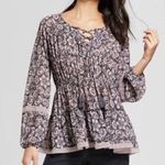 Knox Rose  Black Lilac Lavender Mauve Pink Floral Long Sleeve Lace Up Peasant Top Photo 0