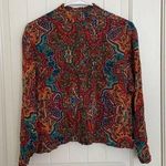 Women’s multicolor patterned high neck button long sleeve lightweight top medium Brown Photo 0