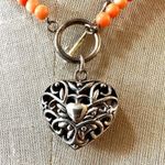 coral beaded sterling silver heart locket pendant necklace Orange Photo 1