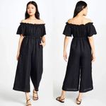Anthropologie NEW! Joie alverna eyelet off shoulder 100% linen black jumpsuit L Photo 1