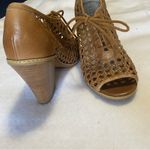 Hinge Tan Leather Rattan Lattace Woven Peep Toe Lace Up bootie stacked heels 9 Photo 6