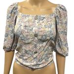 Bohme  Floral Faux Button Front Smocked Back Balloon Half Sleeve Top Small Photo 0