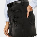 EXPRESS Pitch Black Distressed Straight Midrise Denim Mini Skirt Size 8 Photo 1
