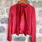 Bagatelle  Red Leather Moto Jacket Collarless Gold Zip Pockets Women Size‎ M Photo 7