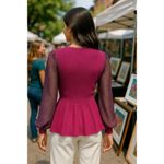 89th Madison NWT Medium Sheer Magenta Haze Knit Peplum Top Mesh Balloon Sleeves Purple Photo 4