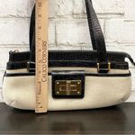 Ralph Lauren Lauren Black Croc Leather Beige Canvas Gold Turnlock Shoulder Bag Photo 11