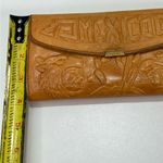 Vintage Handmade Tooled Tan Leather Wallet Clutch w/ Mirror Photos Mexico Aztec Photo 2