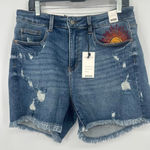 Judy Blue Shorts Womens 1XL Blue Distressed Sun Embroidery High Rise Raw Cut Off Photo 0