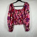 Free People  Pink Floral Ariana Smocked Puff Long Sleeve Top‎ Photo 6