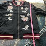Elevenses  Embroidered Bomber Jacket Women’s L Black Floral Satin Zip Up Boho Photo 10