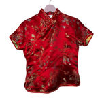 Vintage satin top Gold Dragon Bird print embroidered Red shirt 38/ XS Photo 0