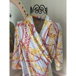 J. McLaughlin  Faux Wrap Catalina Cloth Dress Blue Pink Chains M Stretch Slimming Photo 3