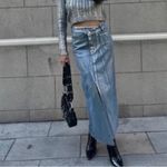 ZARA NEW MIDI ASYMMETRIC DENIM METALLIC COATED SKIRT BLUE SILVER Size Small Photo 1