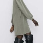 ZARA  Puff Sleeve V-Neck Textured Stretch Mini Career Dress S Olive Green #2983 Photo 4