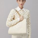 Tory Burch ELLA LOGO CREAM BOUCLE TOTE BAG LEATHER/CHAIN HANDLE NWT $698 RARE Photo 4