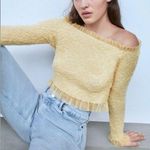 ZARA NWT light yellow off shoulder long sleeve textured mesh ruffle trim top Photo 3