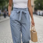 Women's High Waist Blue Trousers with Belt Size 0 Photo 0