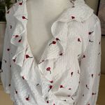 RIXO Sofia White Red‎ Embroidered Wrap Waist Tie Blouse Top Boho Ruffle Size XS Photo 4