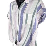 Old Navy Linen Blend Rolled Short Sleeve Tie-Hem Waist Striped Button Up Top Women’s XL Photo 1