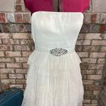 Adrianna Papell dress strapless formal cream jeweled sheer tired skirt Photo 0