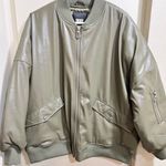DKNY Oversized Leather Bomber Jacket Women’s Olive Green Photo 1