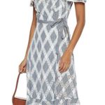 Sandro  Womens US 4 Illa Midi Dress Striped Lace Cold‎ Ruffle Shoulder Blue White Photo 13