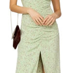 Love, Whit Pistachio Green Petite Floral Ruched Midi Dress High Slit Open Back L Size L Photo 0