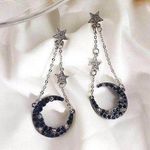 Moon and Stars Long Tassel Dangle Drop Earrings Silver Photo 0