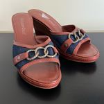 Coldwater Creek EUC  BROWN LEATHER BLUE DENIM WEDGE SLIDE SANDAL Photo 1