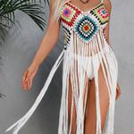 Women's White Multi Crochet Long Fringed Coverup OS Blue Size undefined Photo 1