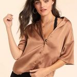 House of Harlow 1960 Anthropologie Brown Satin Cropped Button Up Blouse Size XS Photo 0
