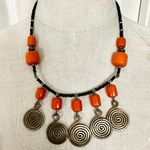 Vintage Boho Tribal Style Necklace Orange Resin Beads Brass Spiral Discs Photo 0