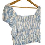 Lush Clothing New Lush Womens Size Large Cropped Top Smocked Cap Puff Sleeve White Blue Swirl Photo 5