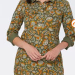 Yellow and Green Cuffed Sleeve Button Down Shirt with Notched Collar Size M Photo 0