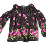 Dennis Basso  Black Sheer Black Peasant Top with Floral Graphic + Tassels size M Photo 0