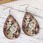 Musical Note Rose Flower Pattern Teardrop Dangle Earrings Faux‎ Leather Brown Photo 5